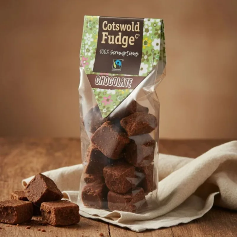 Saco de Chocolate Fudge sobre um pano de linho numa mesa de madeira, com cubos de fudge ao lado, ambiente gerado por IA